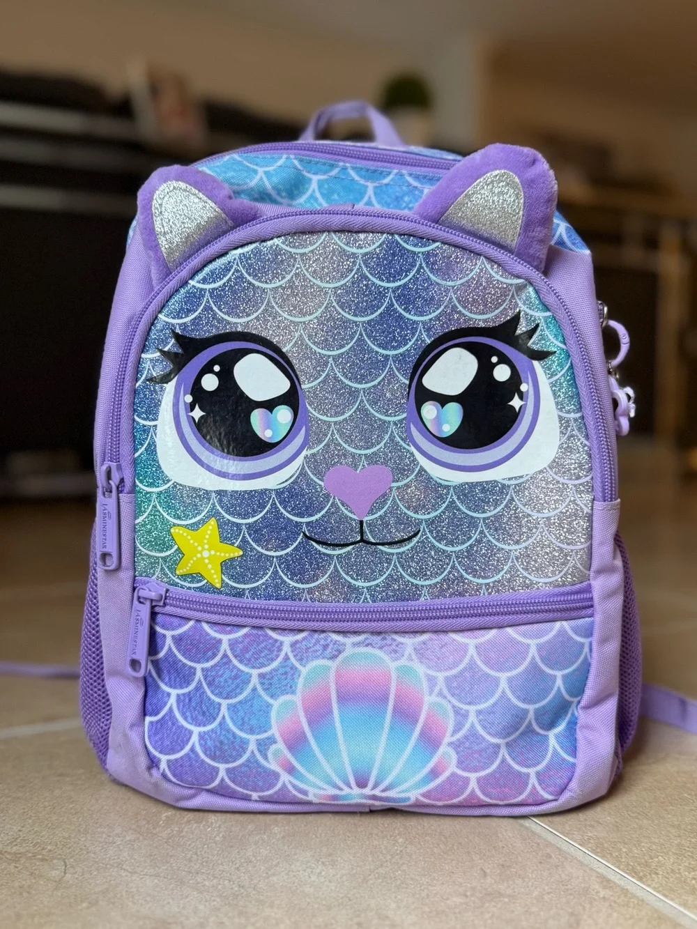 Kids Lavender Mermaid Cat Backpack with Pom Pom